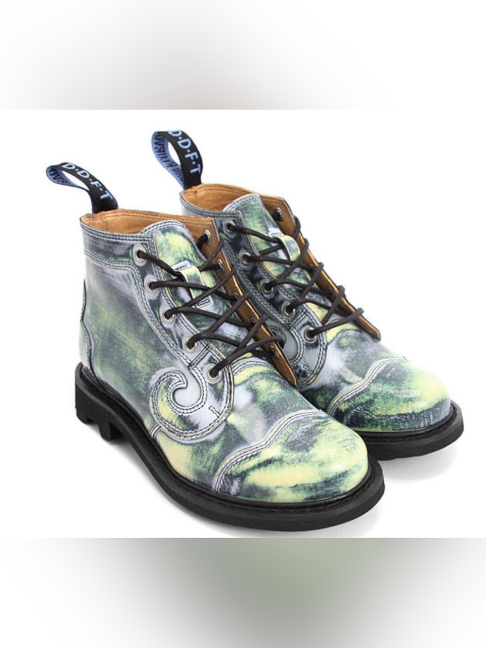 Fluevog NEARLY NEW 7th Heaven Derby Swirl lace-up rub-off acid green boot -W10